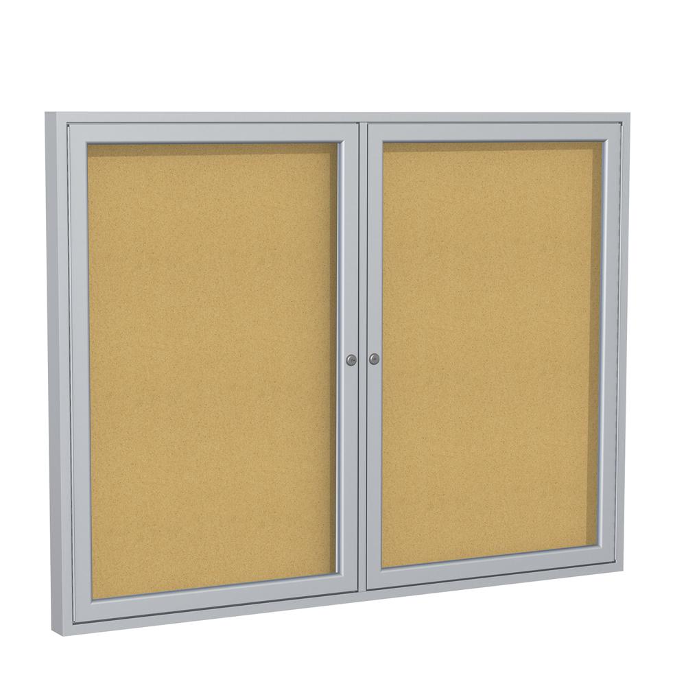 Ghent 2 Door Enclosed Natural Cork Bulletin Board with Satin Frame, 3'H x 5'W. Picture 1