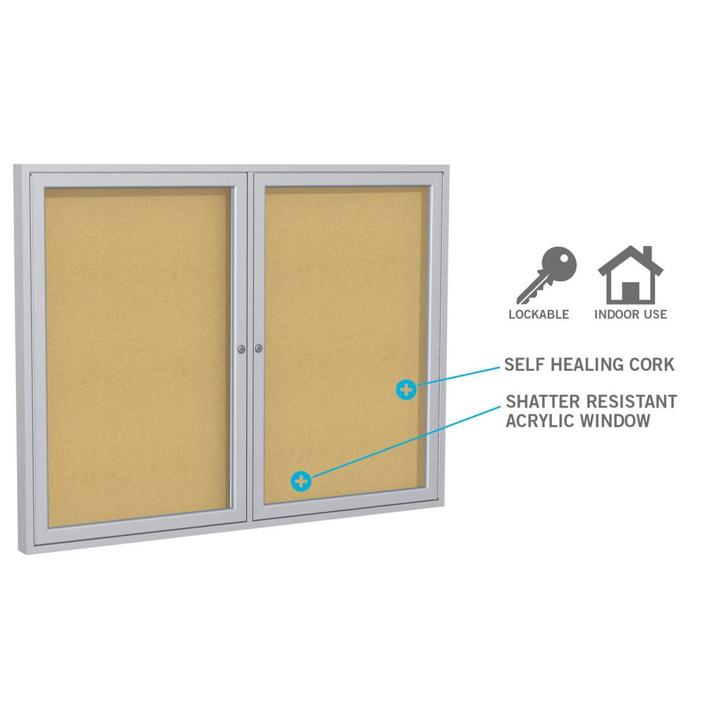 Ghent 2 Door Enclosed Natural Cork Bulletin Board with Satin Frame, 3'H x 5'W. Picture 5