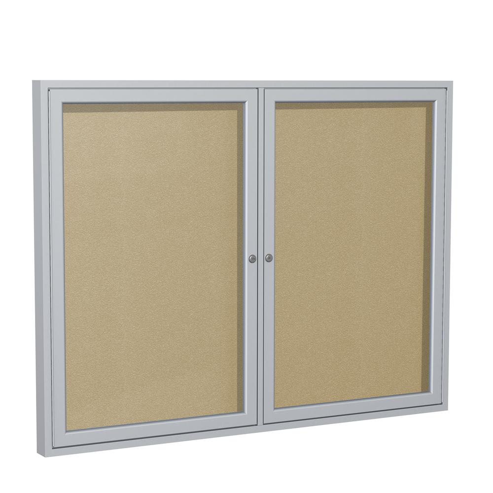 Ghent 2 Door Enclosed Vinyl Bulletin Board with Satin Frame, 3'H x 5'W, Caramel. Picture 1