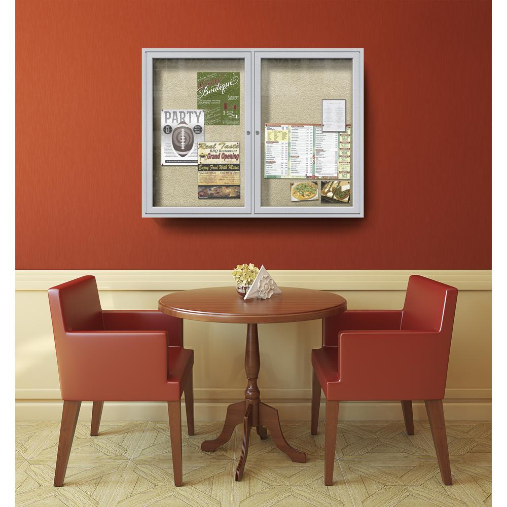 Ghent 2 Door Enclosed Vinyl Bulletin Board with Satin Frame, 3'H x 5'W, Caramel. Picture 5