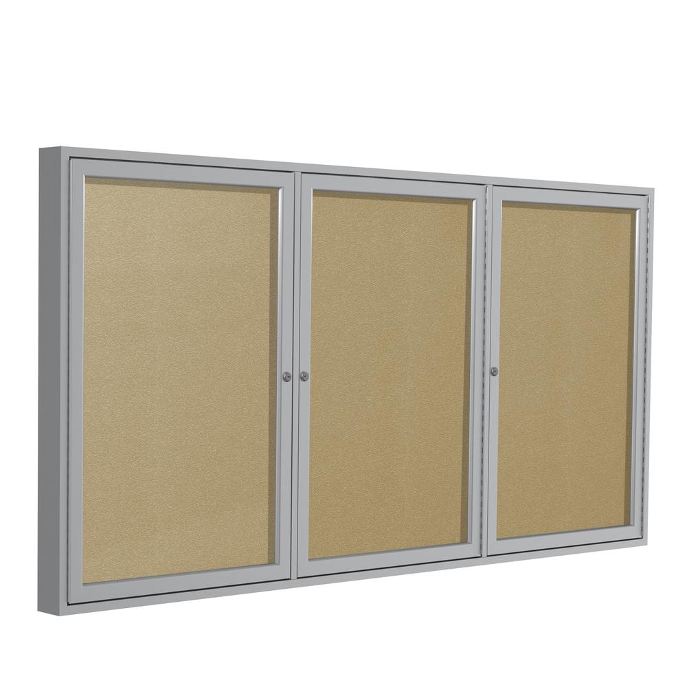 Ghent 3 Door Enclosed Vinyl Bulletin Board with Satin Frame, 4'H x 8'W, Caramel. Picture 1