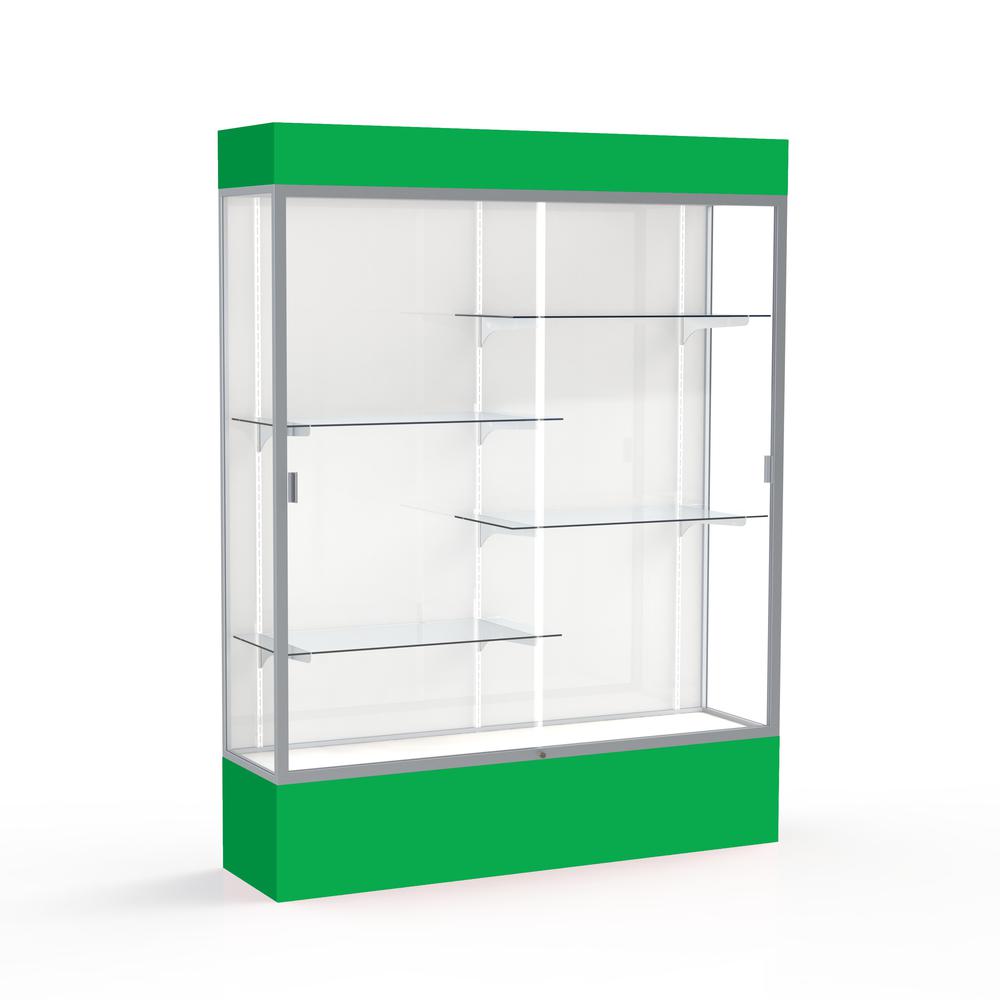 Spirit  60"W x 80"H x 16"D  Lighted Floor Case, White Back, Satin Finish, Kelly Green Base and Top. Picture 1