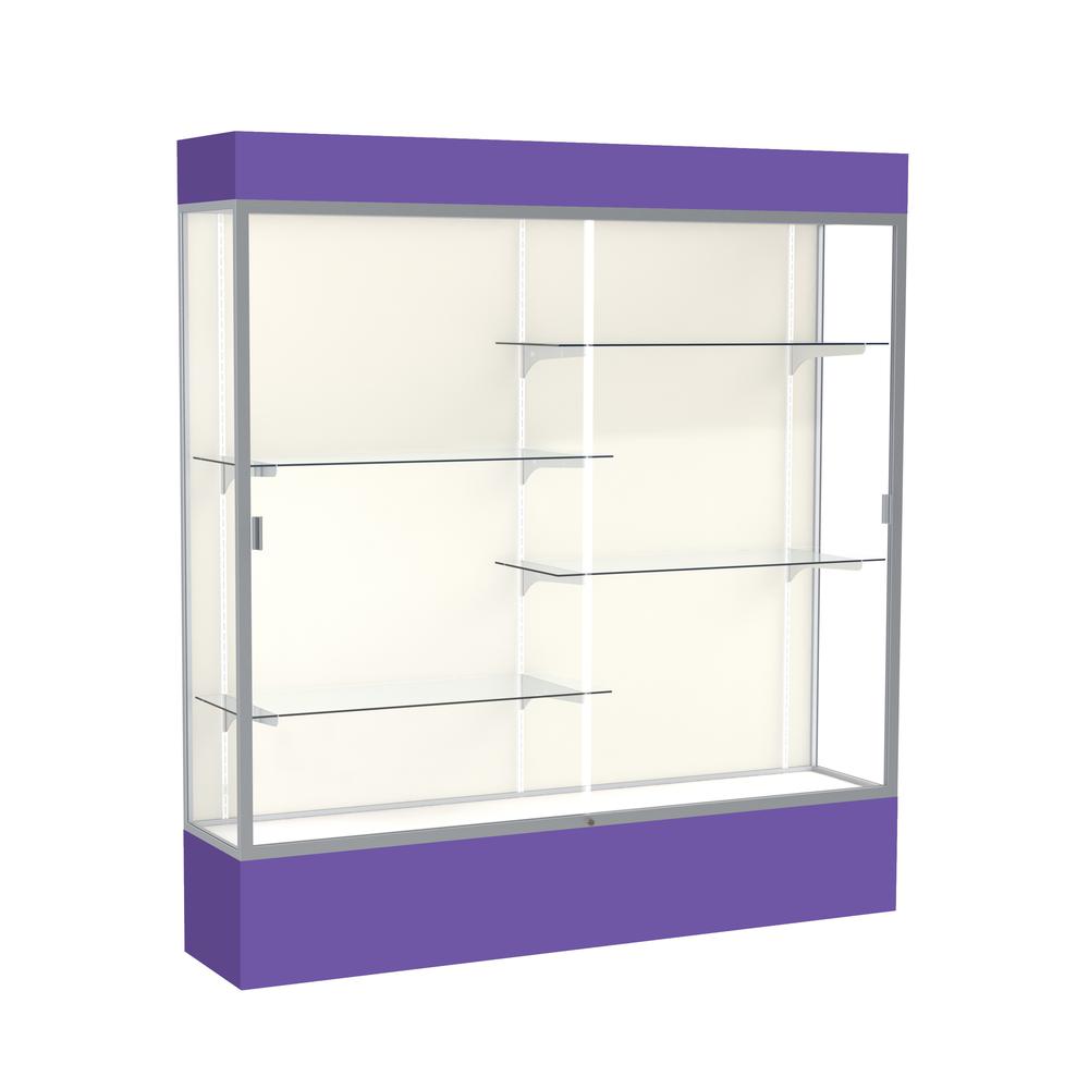Spirit  72"W x 80"H x 16"D  Lighted Floor Case, Plaque Back, Satin Finish, Purple Base and Top. Picture 1