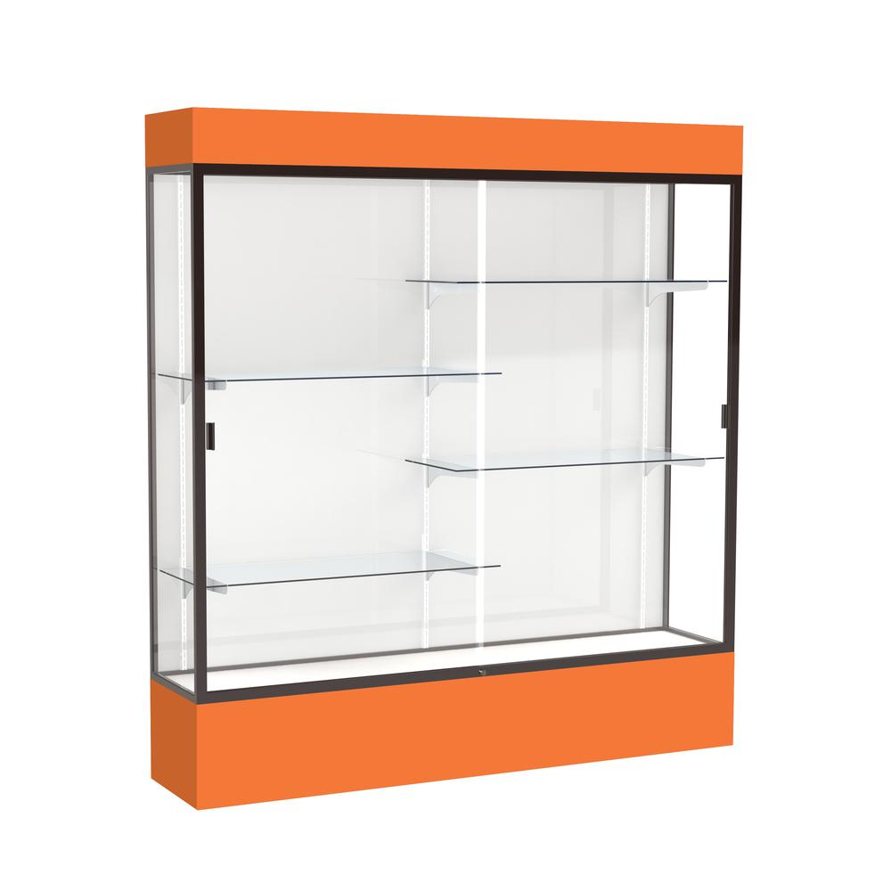 Spirit  72"W x 80"H x 16"D  Lighted Floor Case, White Back, Dk. Bronze Finish, Orange Base and Top. Picture 1
