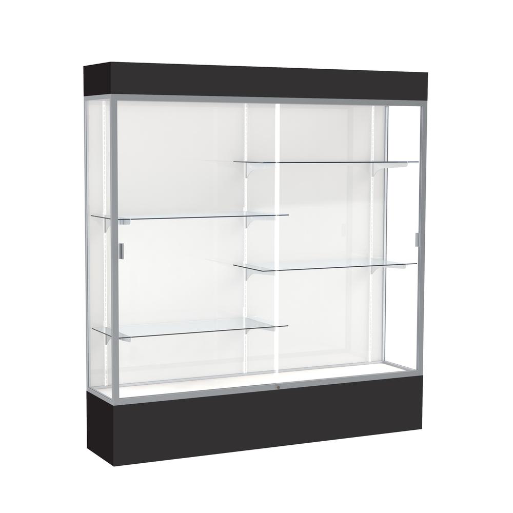 Spirit  72"W x 80"H x 16"D  Lighted Floor Case, White Back, Satin Finish, Black Base and Top. Picture 1