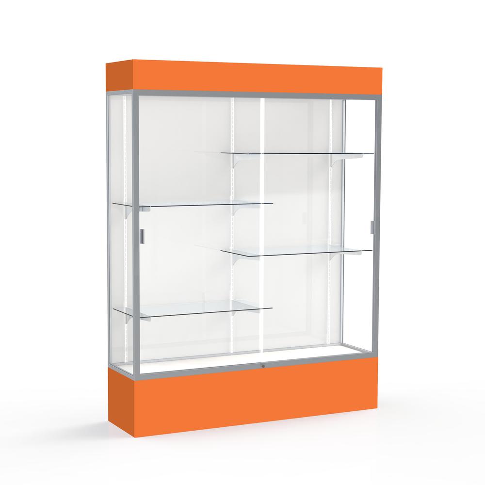Spirit  60"W x 80"H x 16"D  Lighted Floor Case, White Back, Satin Finish, Orange Base and Top. Picture 1