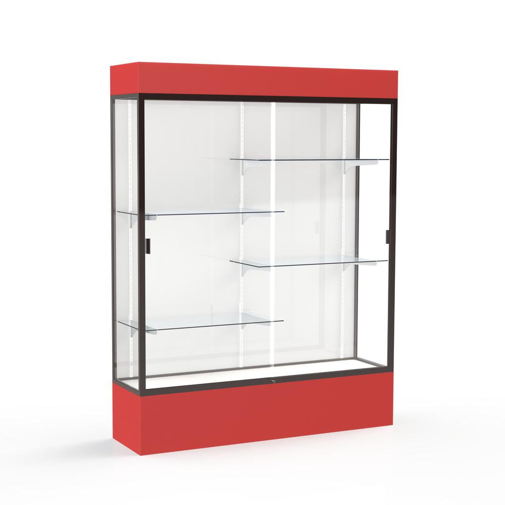 Spirit  60"W x 80"H x 16"D  Lighted Floor Case, White Back, Dk. Bronze Finish, Red Base and Top. Picture 1
