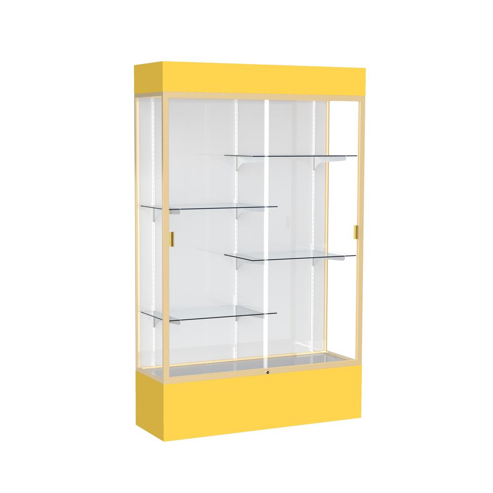 Spirit  48"W x 80"H x 16"D  Lighted Floor Case, White Back, Champagne Finish, Goldenrod Base and Top. Picture 1