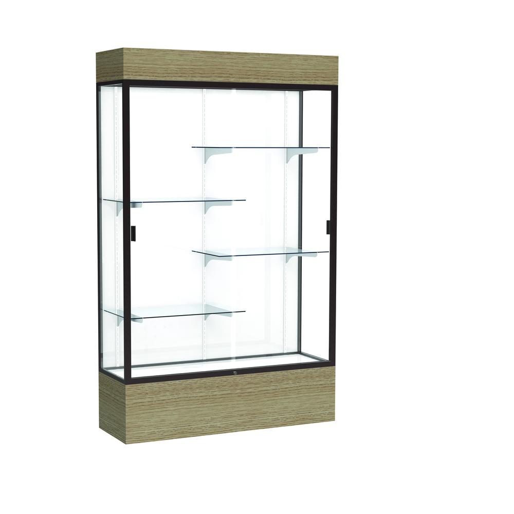 Reliant   48"W x 80"H x 16"D  Lighted Floor Case, White Back, Dk. Bronze Finish,  Driftwood Base. Picture 1
