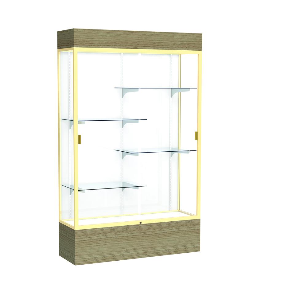 Reliant   48"W x 80"H x 16"D  Lighted Floor Case, White Back, Champagne Finish,  Driftwood Base. Picture 1