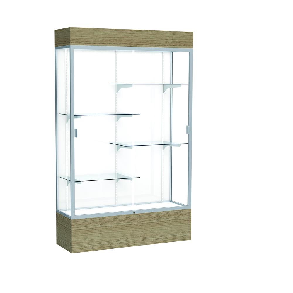 Reliant   48"W x 80"H x 16"D  Lighted Floor Case, White Back, Satin Finish,  Driftwood Base. Picture 1