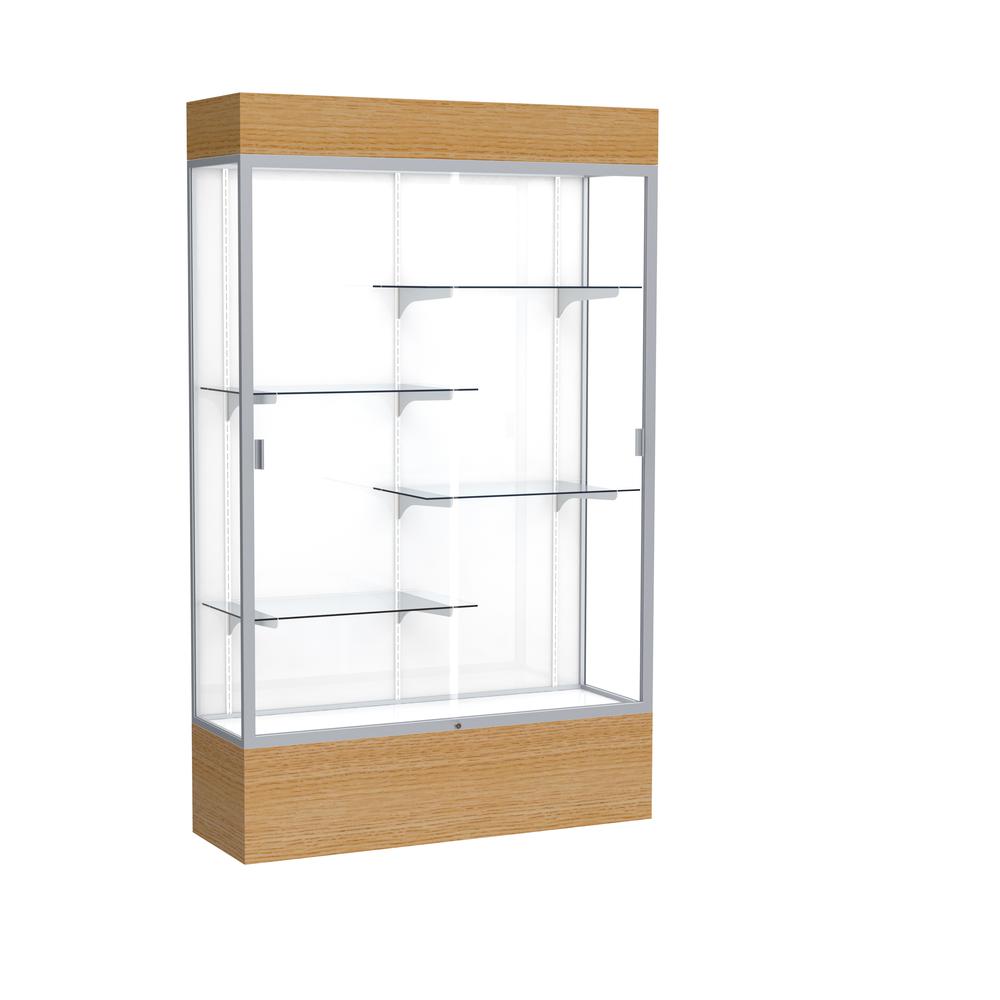 Reliant   48"W x 80"H x 16"D  Lighted Floor Case, White Back, Satin Finish,  Natural Oak Base. Picture 1