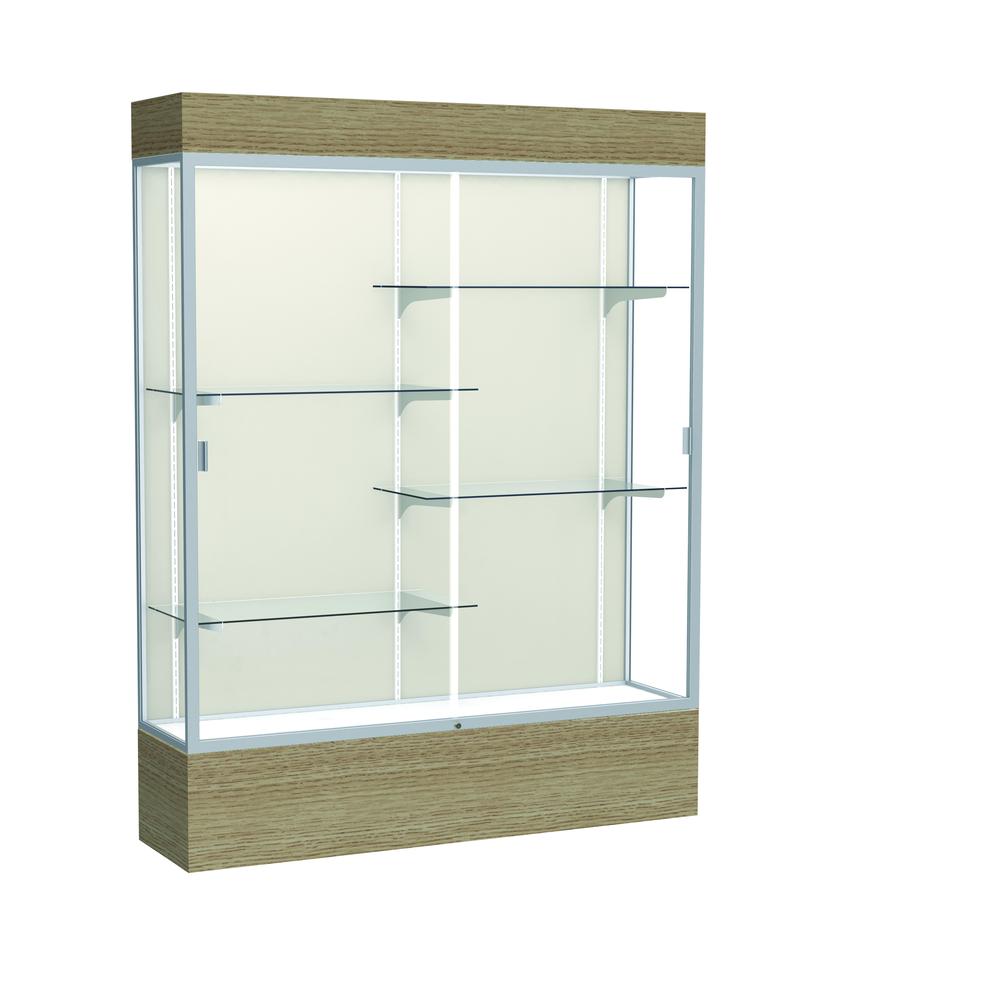 Reliant   60"W x 80"H x 16"D  Lighted Floor Case, Plaque Back, Satin Finish,  Driftwood Base. Picture 1