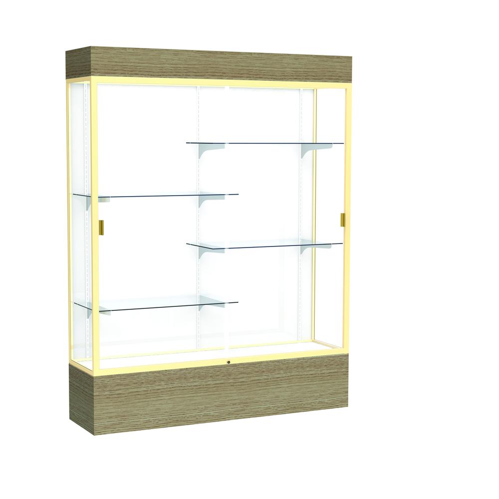 Reliant   60"W x 80"H x 16"D  Lighted Floor Case, White Back, Champagne Finish,  Driftwood Base. Picture 1