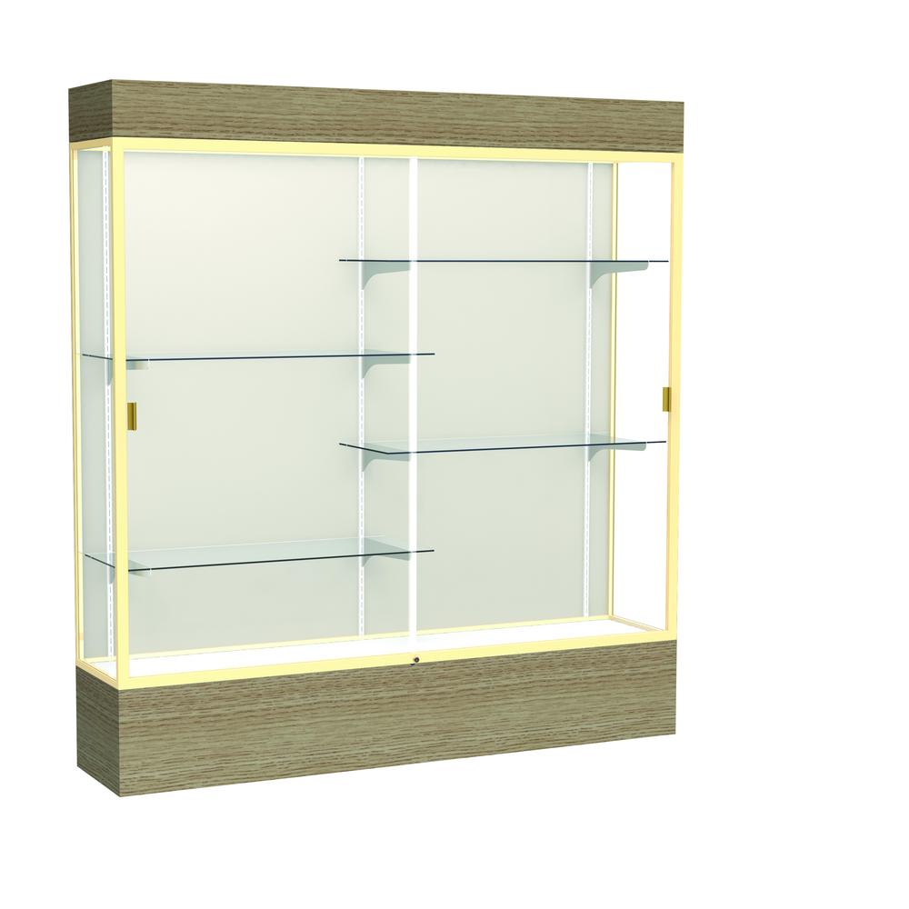 Reliant   72"W x 80"H x 16"D  Lighted Floor Case, Plaque Back, Champagne Finish,  Driftwood Base. Picture 1