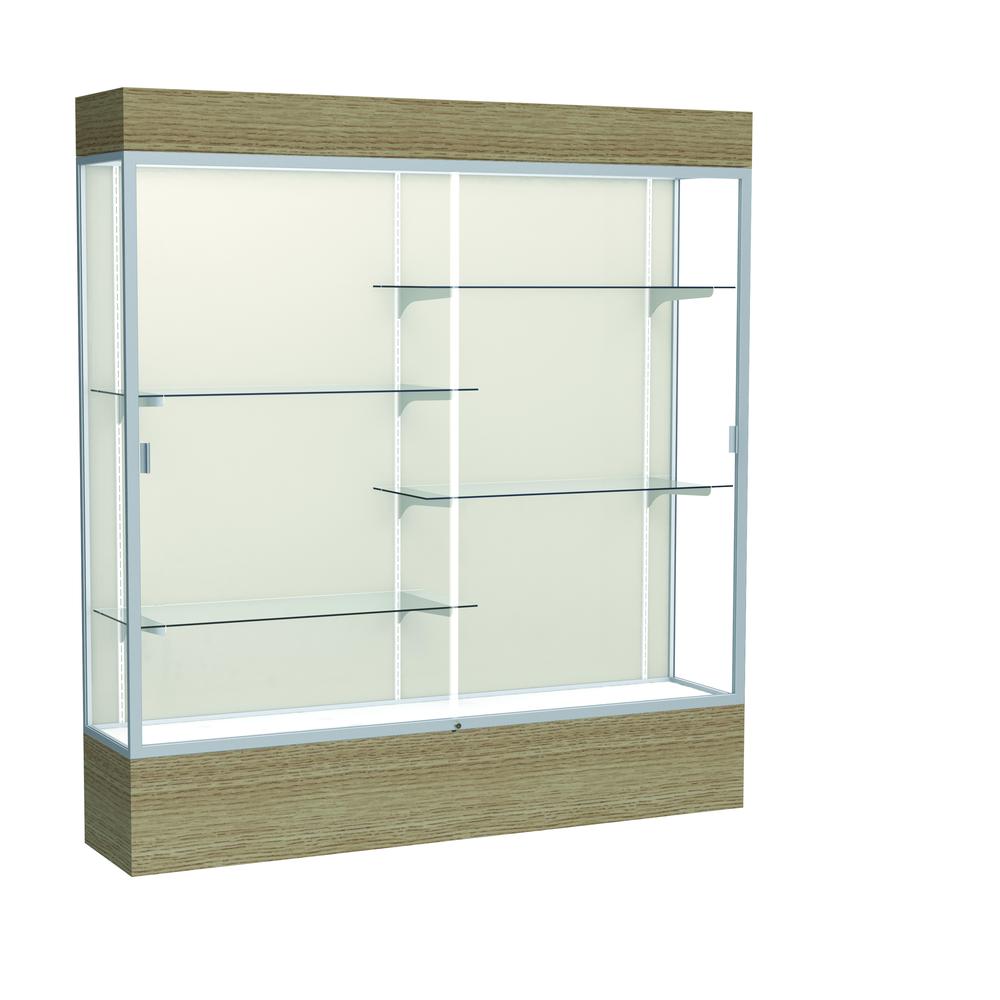 Reliant   72"W x 80"H x 16"D  Lighted Floor Case, Plaque Back, Satin Finish,  Driftwood Base. Picture 1