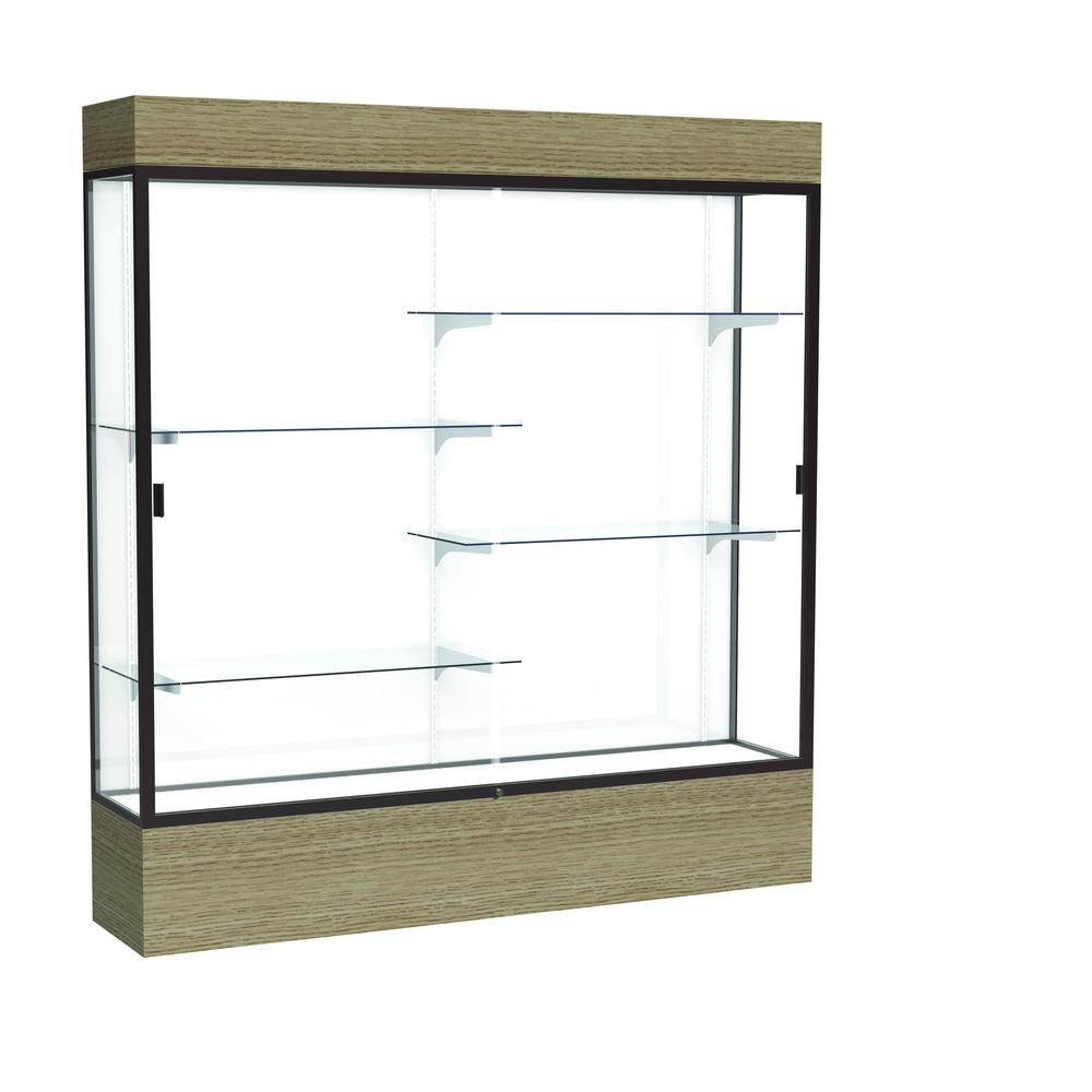 Reliant   72"W x 80"H x 16"D  Lighted Floor Case, White Back, Dk. Bronze Finish,  Driftwood Base. Picture 1