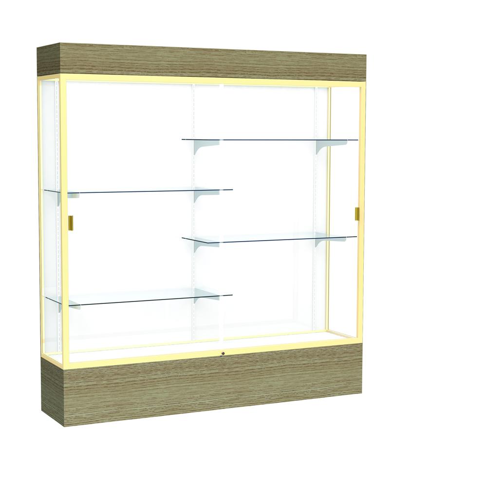 Reliant   72"W x 80"H x 16"D  Lighted Floor Case, White Back, Champagne Finish,  Driftwood Base. Picture 1
