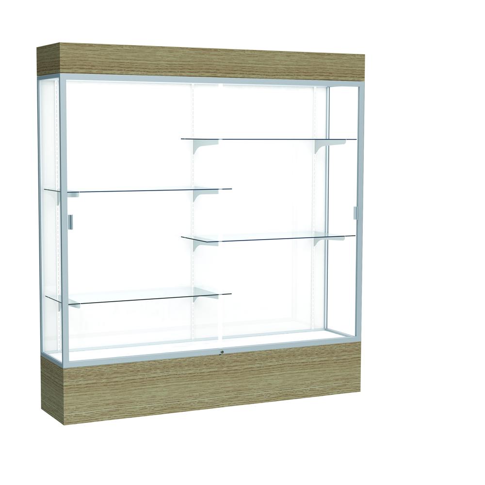 Reliant   72"W x 80"H x 16"D  Lighted Floor Case, White Back, Satin Finish,  Driftwood Base. Picture 1