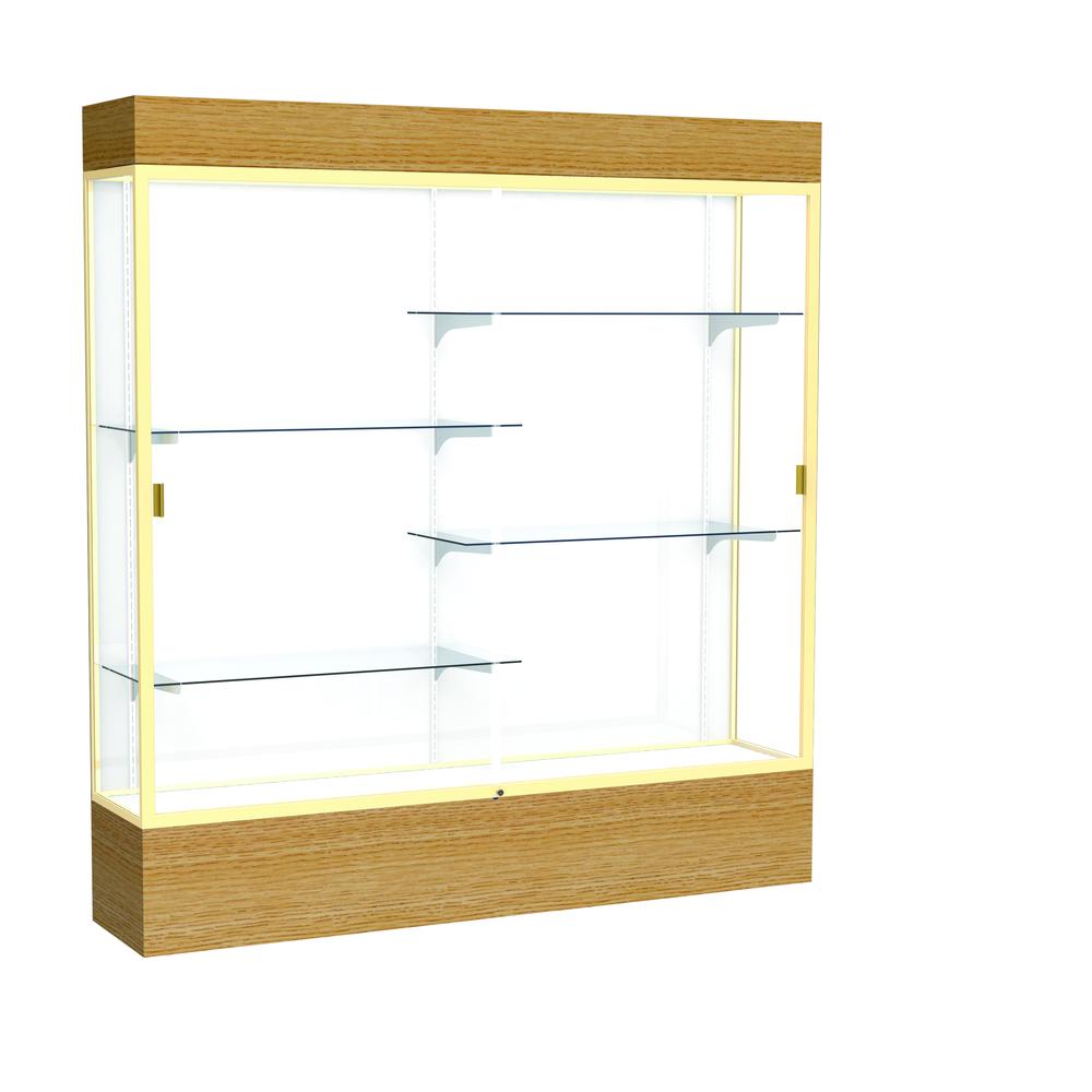 Reliant   72"W x 80"H x 16"D  Lighted Floor Case, White Back, Champagne Finish,  Natural Oak Base. Picture 1