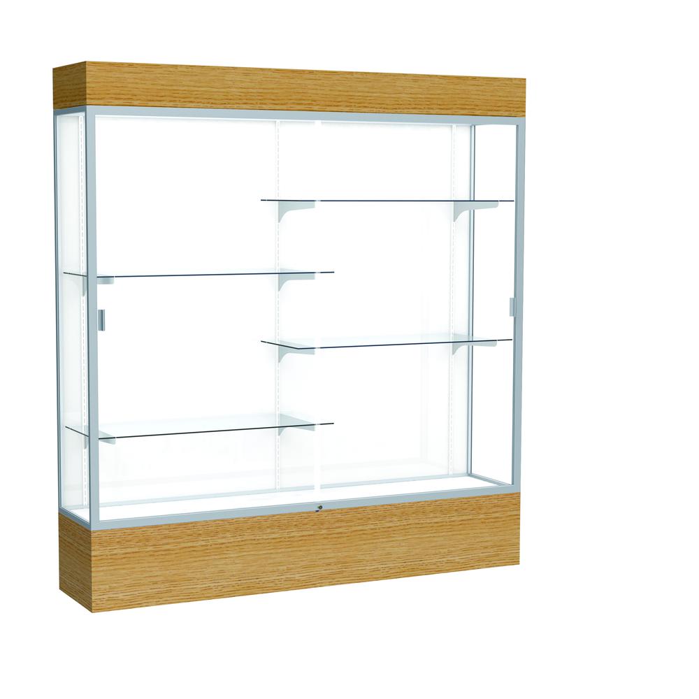 Reliant   72"W x 80"H x 16"D  Lighted Floor Case, White Back, Satin Finish,  Natural Oak Base. Picture 1