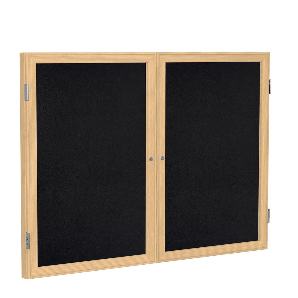 36"x60" 2-Dr Wood Fr Oak Finish Enclsd Recycled Rubber Bulletin Board - Black. Picture 1