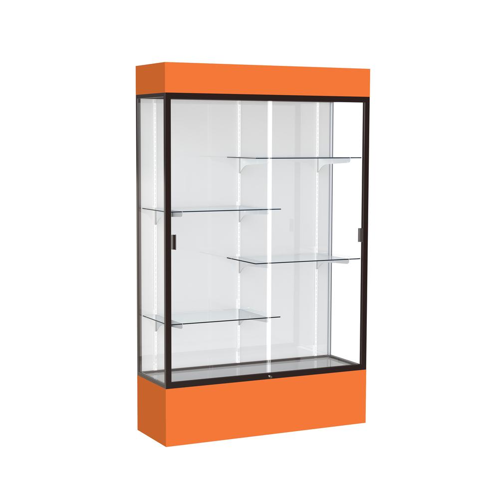 Spirit  48"W x 80"H x 16"D  Lighted Floor Case, White Back, Dk. Bronze Finish, Orange Base and Top. Picture 1