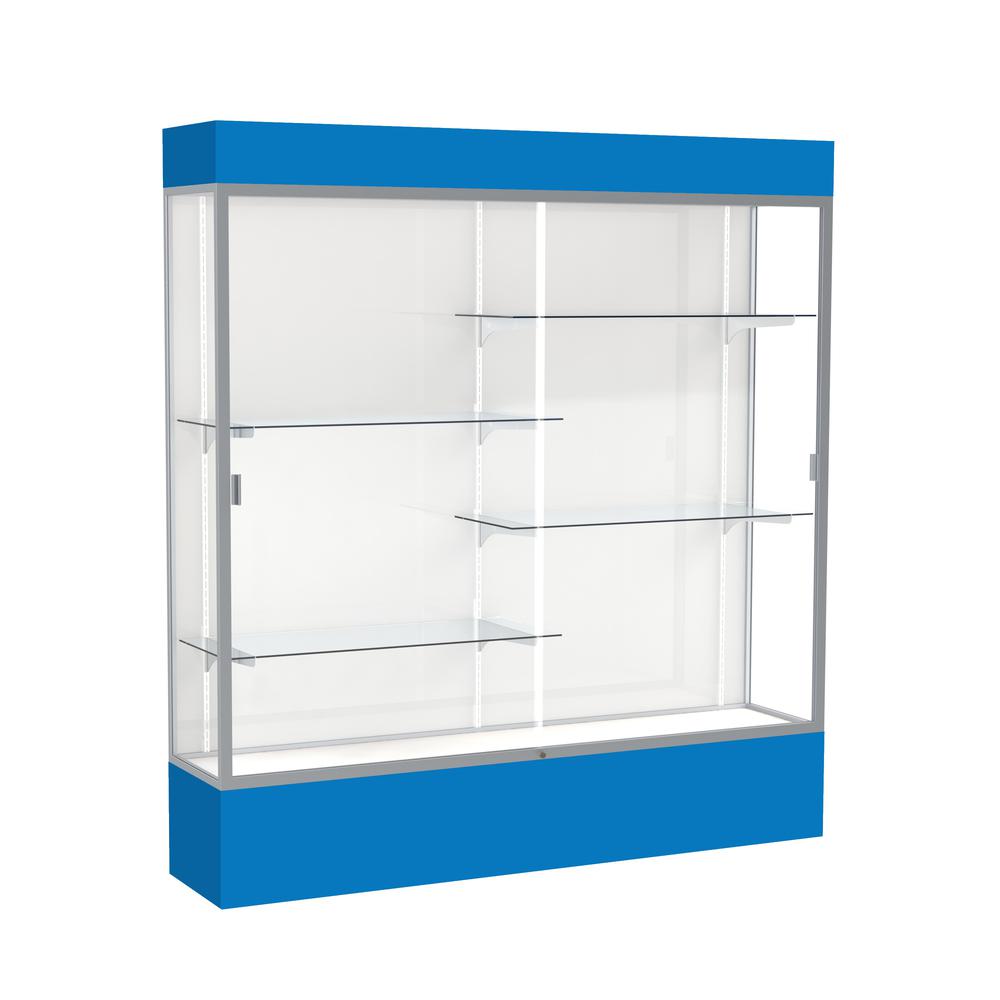 Spirit  72"W x 80"H x 16"D  Lighted Floor Case, White Back, Satin Finish, Royal Blue Base and Top. Picture 1