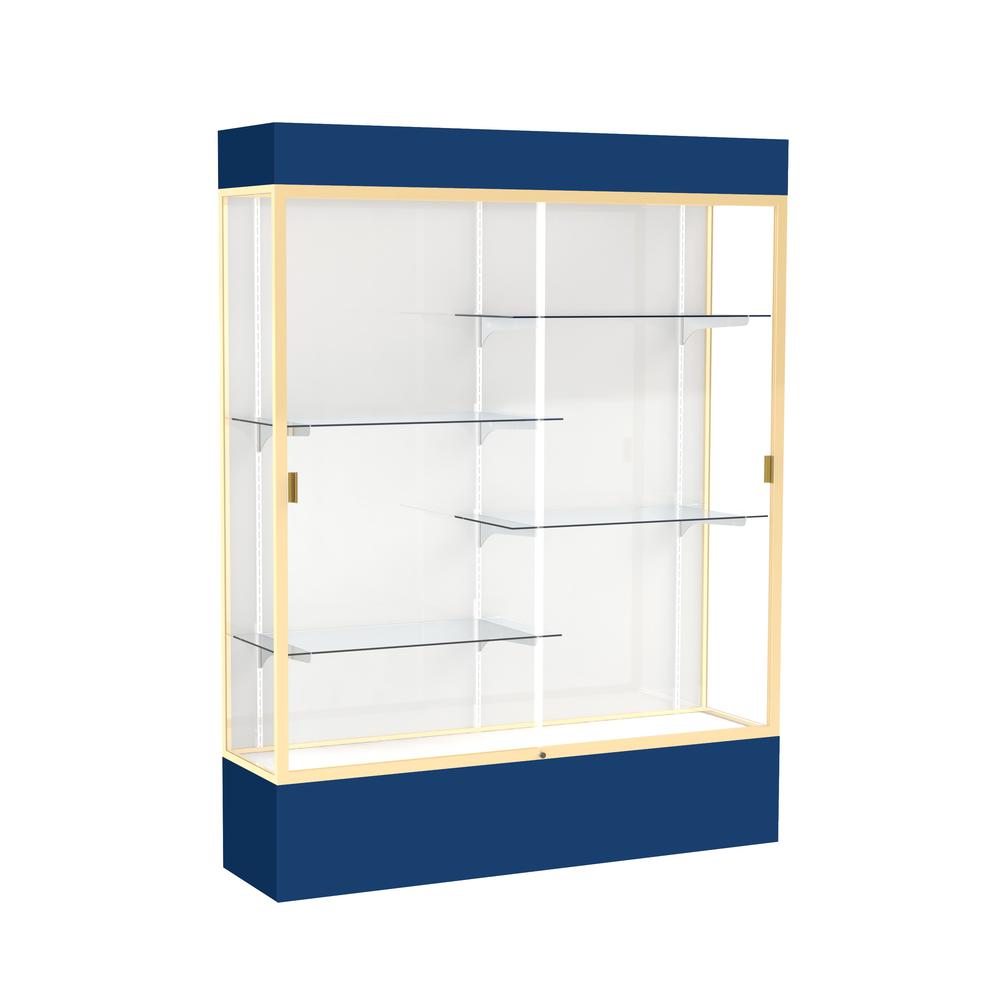Spirit  60"W x 80"H x 16"D  Lighted Floor Case, White Back, Champagne Finish, Navy Base and Top. Picture 1