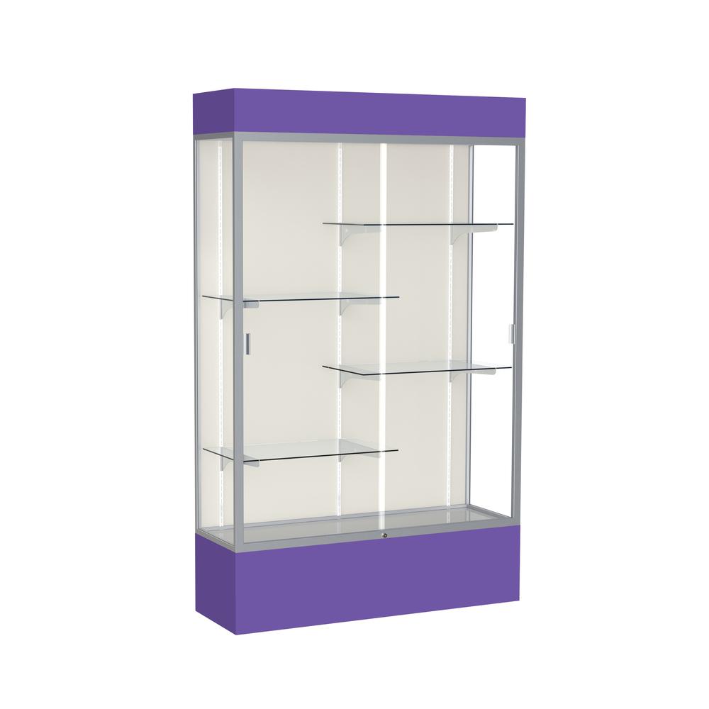 Spirit  48"W x 80"H x 16"D  Lighted Floor Case, Plaque Back, Satin Finish, Purple Base and Top. Picture 1