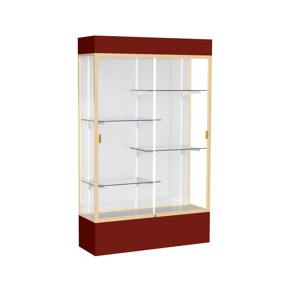 Spirit  48"W x 80"H x 16"D  Lighted Floor Case, White Back, Champagne Finish, Maroon Base and Top. Picture 1