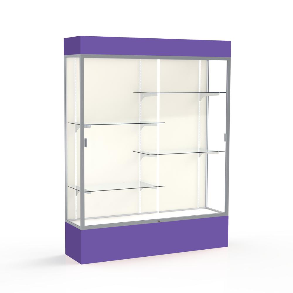 Spirit  60"W x 80"H x 16"D  Lighted Floor Case, Plaque Back, Satin Finish, Purple Base and Top. Picture 1
