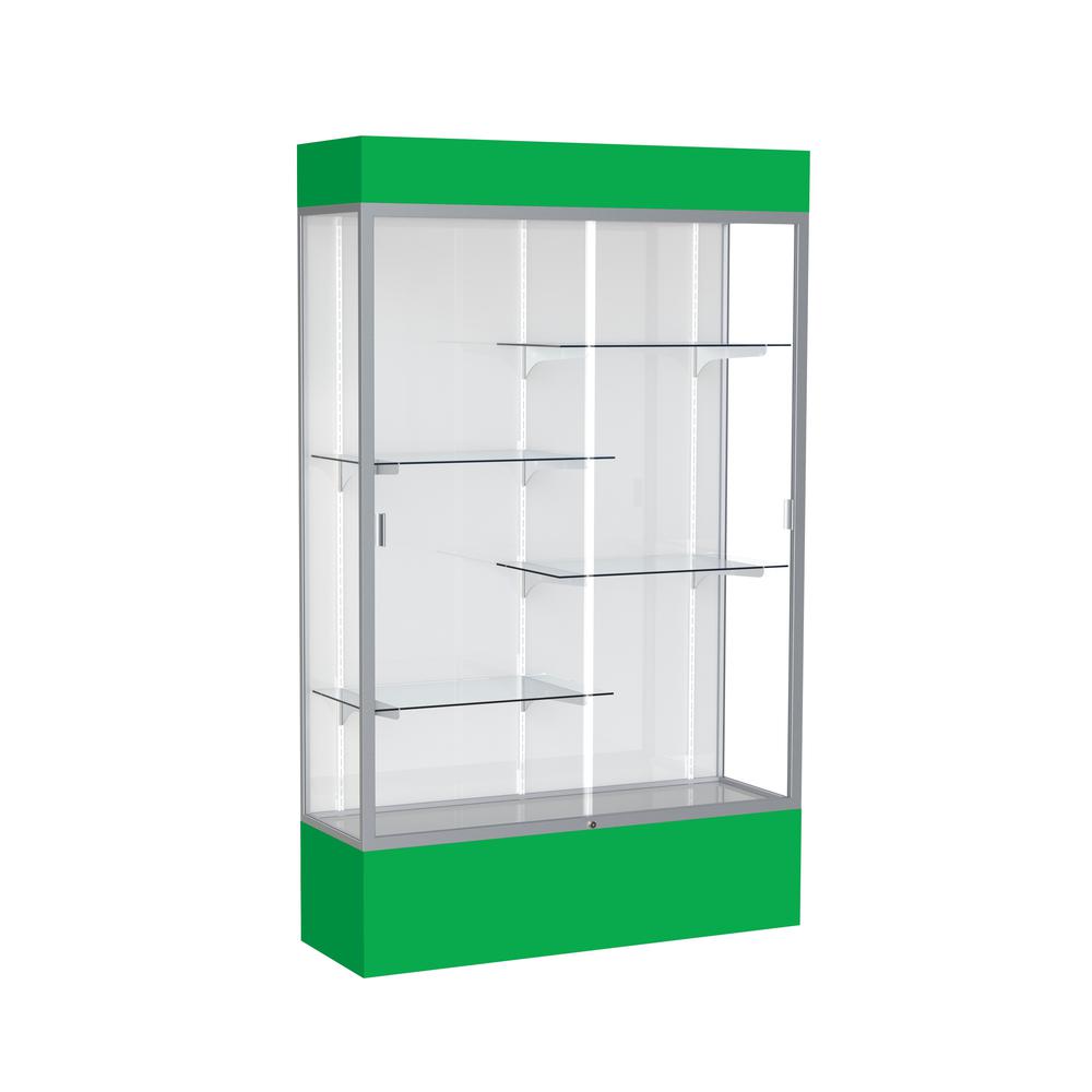Spirit  48"W x 80"H x 16"D  Lighted Floor Case, White Back, Satin Finish, Kelly Green Base and Top. Picture 1