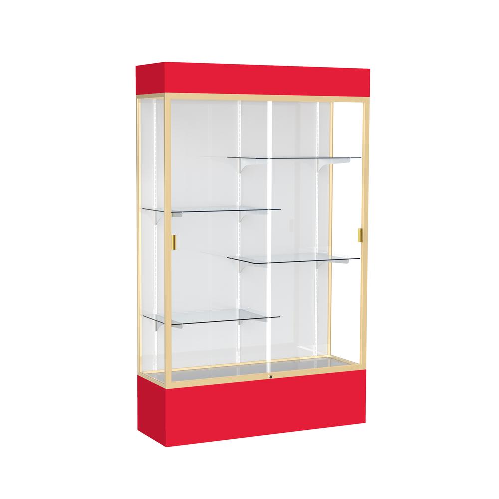Spirit  48"W x 80"H x 16"D  Lighted Floor Case, White Back, Champagne Finish, Red Base and Top. Picture 1