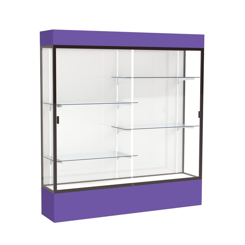 Spirit  72"W x 80"H x 16"D  Lighted Floor Case, White Back, Dk. Bronze Finish, Purple Base and Top. Picture 1