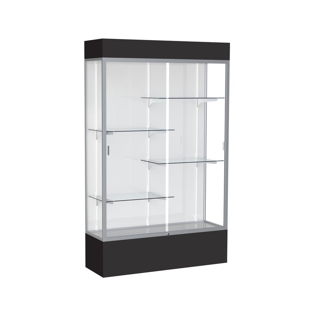 Spirit  48"W x 80"H x 16"D  Lighted Floor Case, White Back, Satin Finish, Black Base and Top. Picture 1