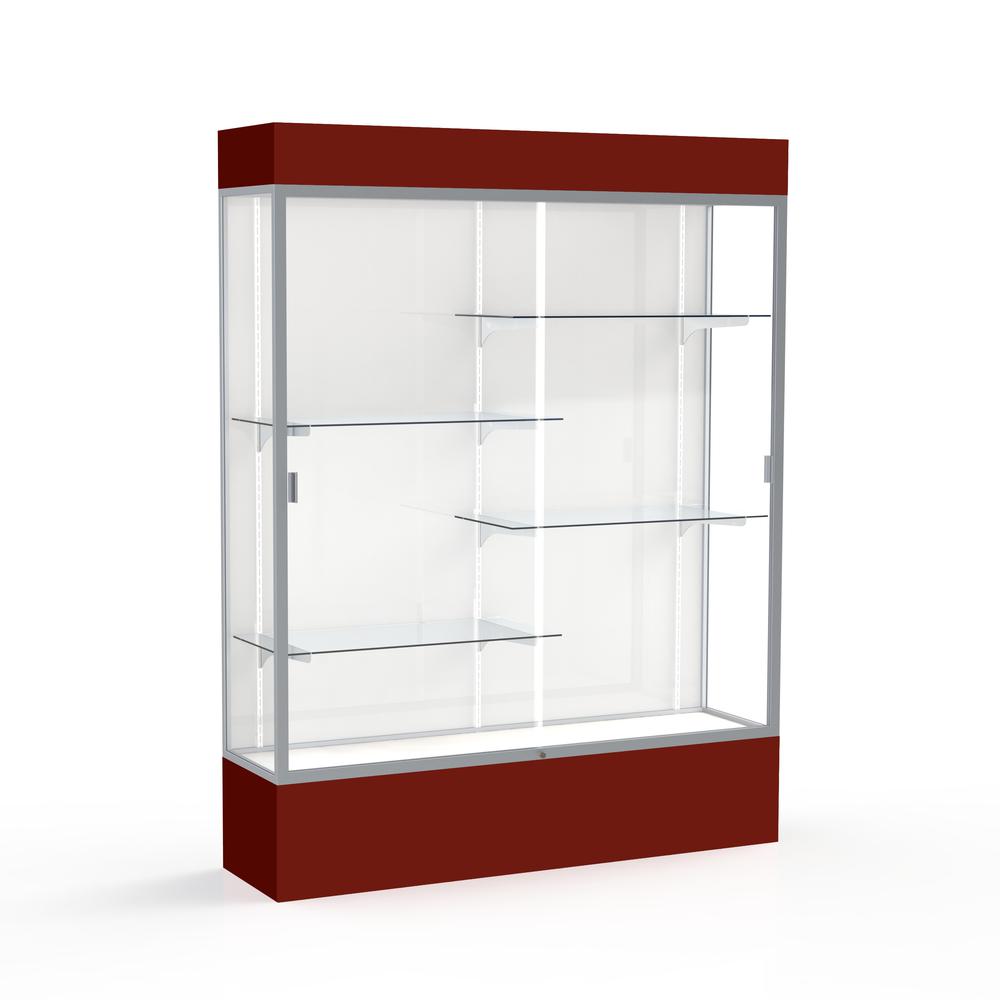 Spirit  60"W x 80"H x 16"D  Lighted Floor Case, White Back, Satin Finish, Maroon Base and Top. Picture 1