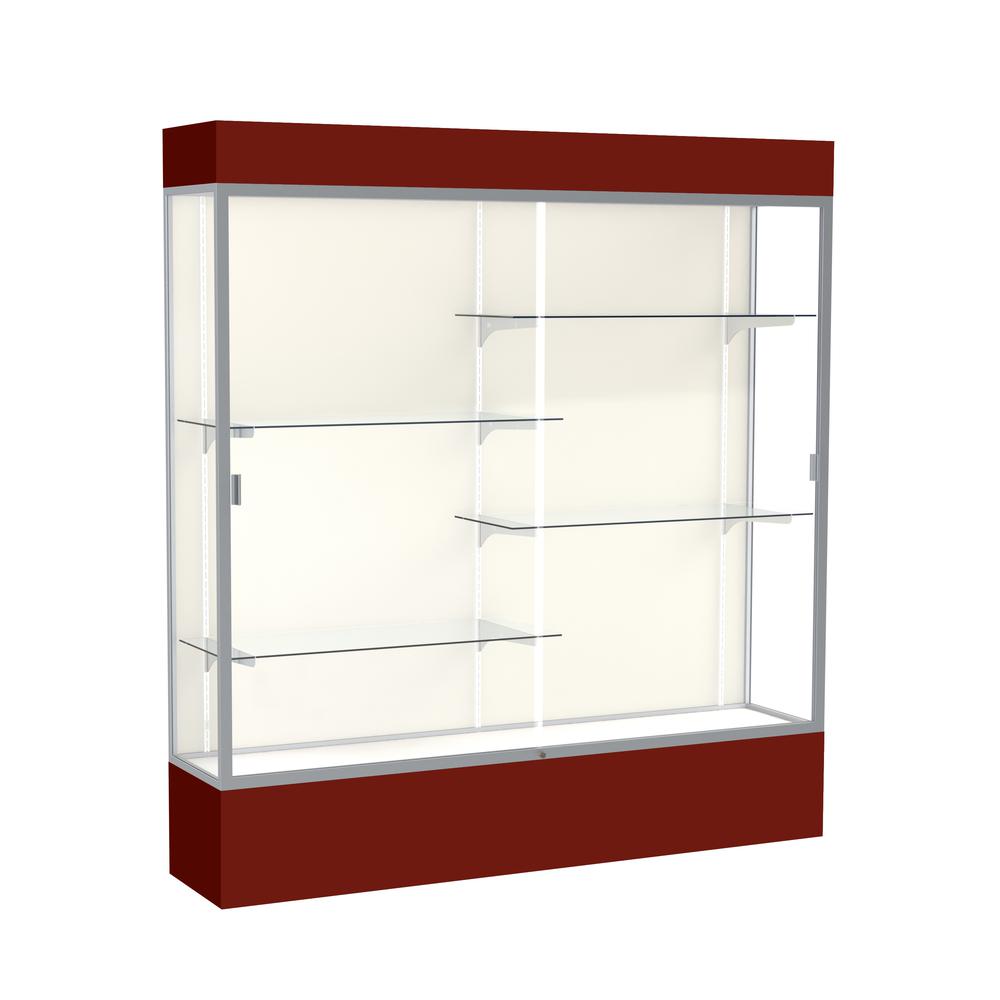 Spirit  72"W x 80"H x 16"D  Lighted Floor Case, Plaque Back, Satin Finish, Maroon Base and Top. Picture 1