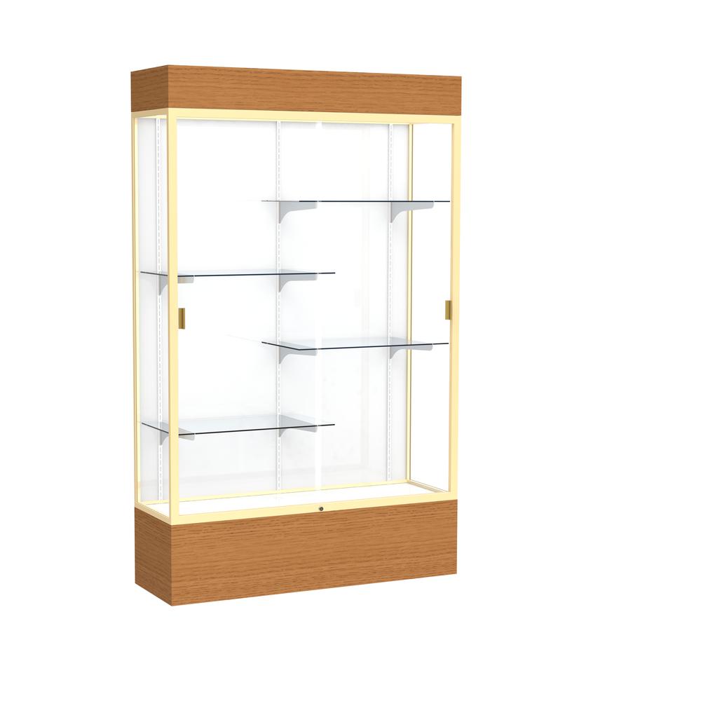Reliant   48"W x 80"H x 16"D  Lighted Floor Case, White Back, Champagne Finish,  Carmel Oak Base. Picture 1