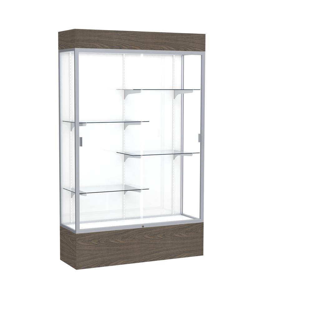 Reliant   48"W x 80"H x 16"D  Lighted Floor Case, White Back, Satin Finish,  Walnut Vinyl Base. Picture 1