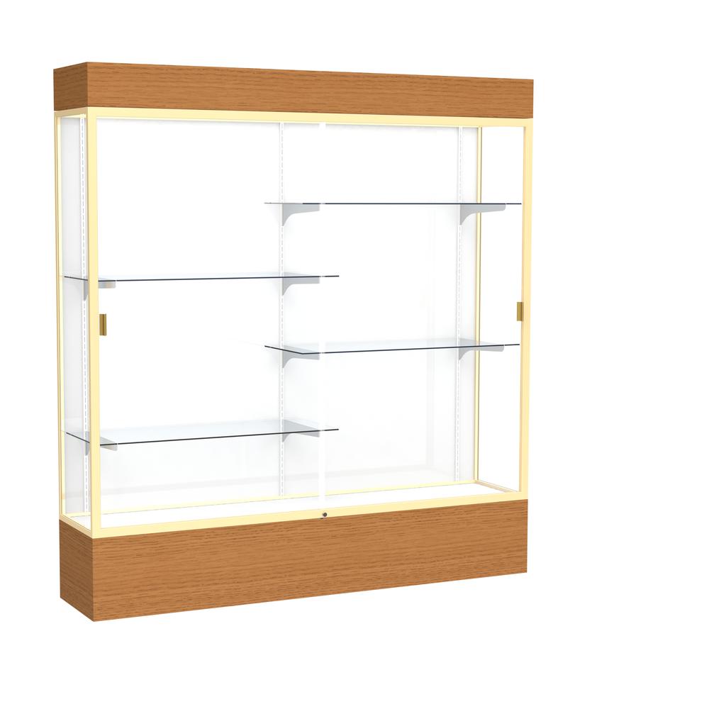 Reliant   72"W x 80"H x 16"D  Lighted Floor Case, White Back, Champagne Finish,  Carmel Oak Base. Picture 1