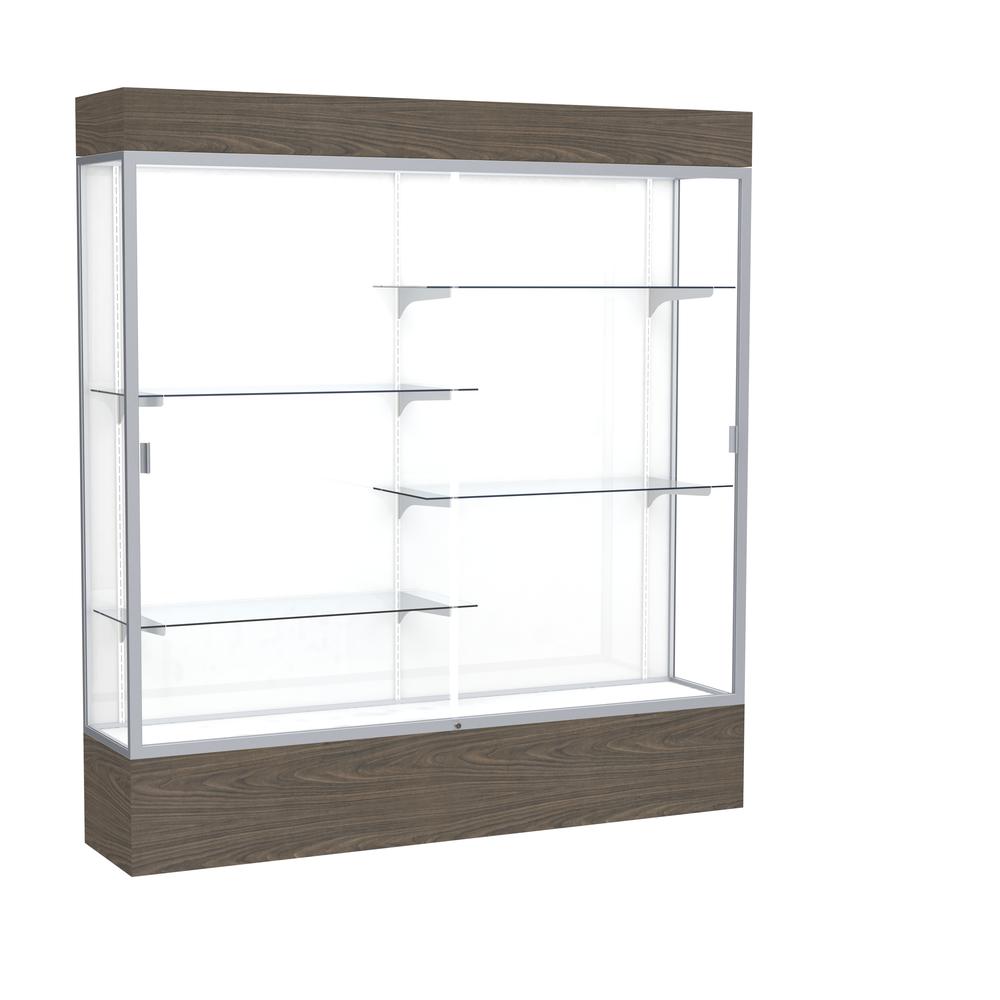 Reliant   72"W x 80"H x 16"D  Lighted Floor Case, White Back, Satin Finish,  Walnut Vinyl Base. Picture 1