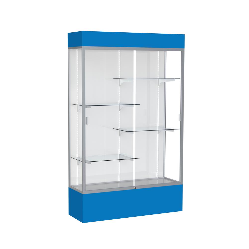 Spirit  48"W x 80"H x 16"D  Lighted Floor Case, White Back, Satin Finish, Royal Blue Base and Top. Picture 1