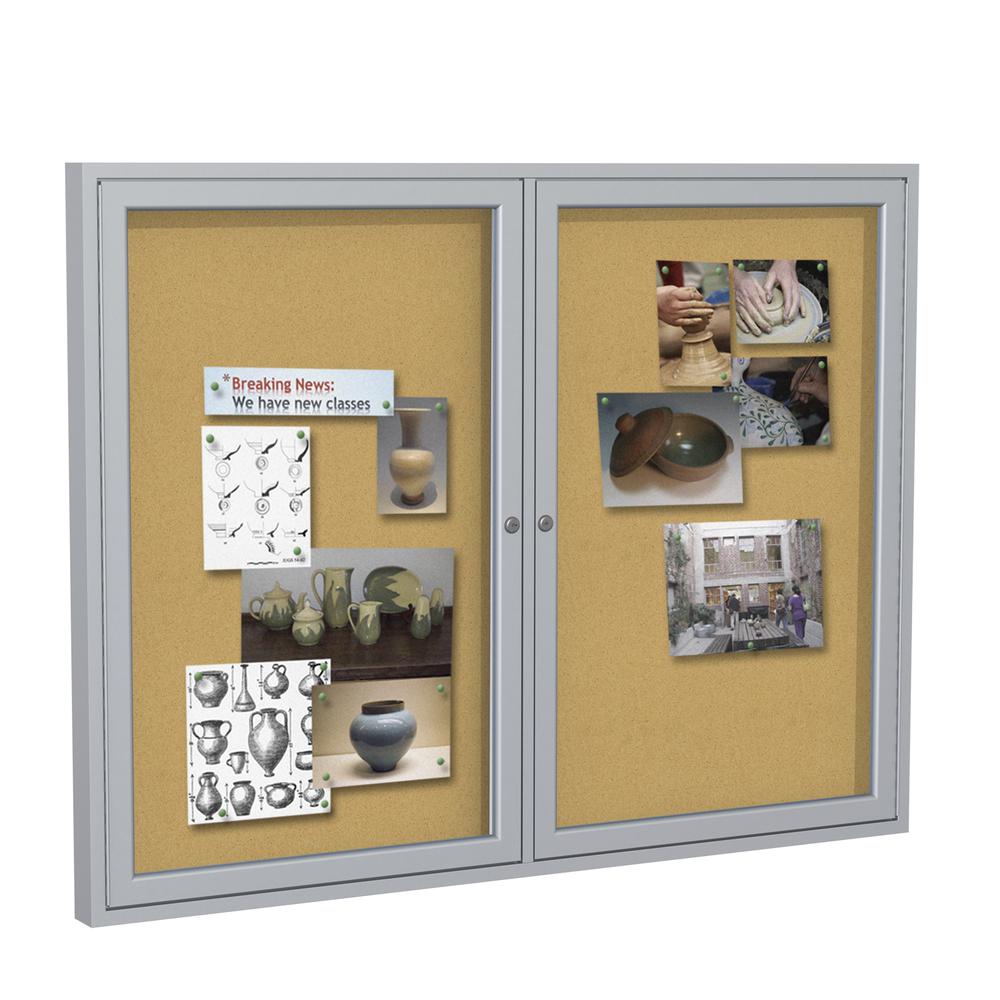 48"x60" 2-Door Satin Aluminum Frame Enclosed Bulletin Board - Natural Cork. Picture 1