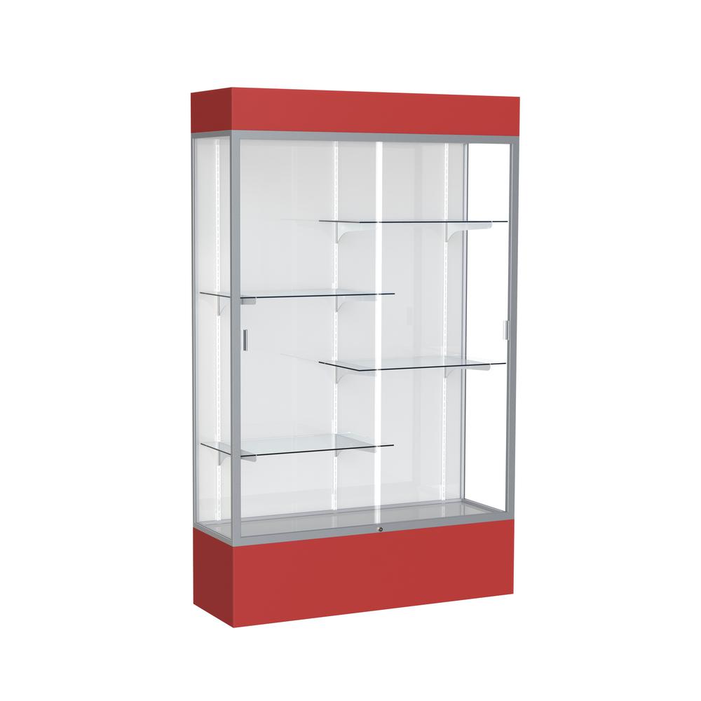 Spirit  48"W x 80"H x 16"D  Lighted Floor Case, White Back, Satin Finish, Red Base and Top. Picture 1