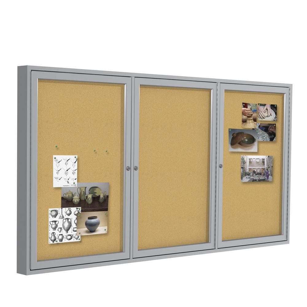 48"x72" 3-Door Satin Aluminum Frame Enclosed Bulletin Board - Natural Cork. Picture 1