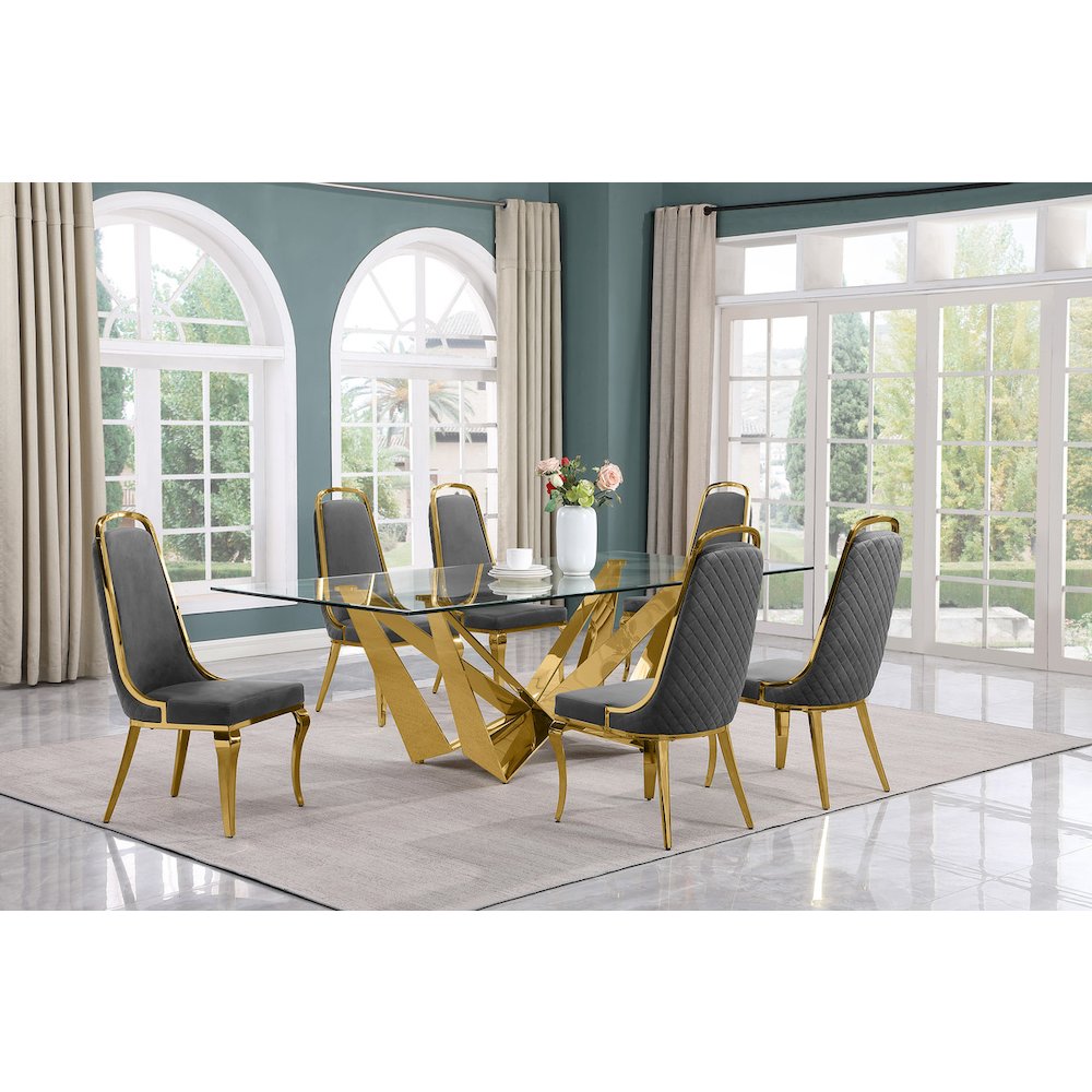 7pc Large(94") glass dining set with gold base and 6 Dark grey side chairs. Picture 4