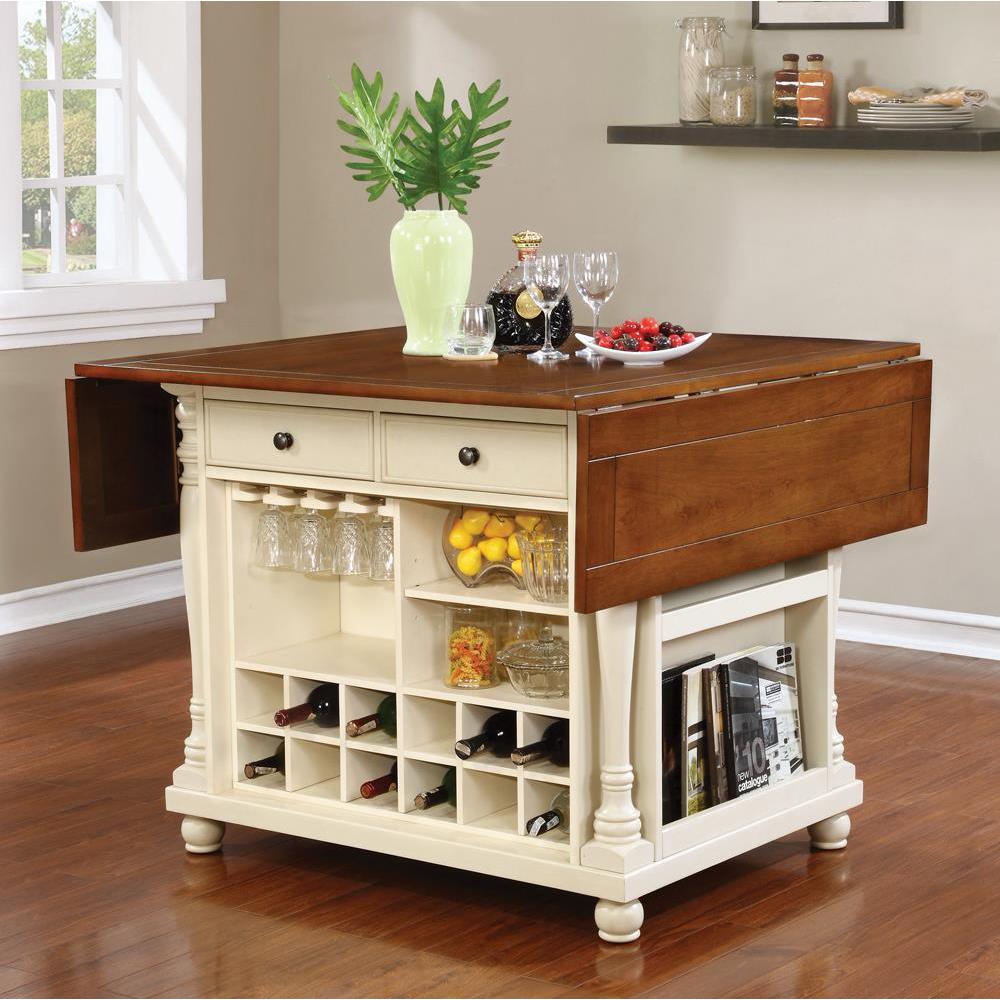 Slater 2-drawer Kitchen Island with Drop Leaves Brown and Buttermilk. Picture 5