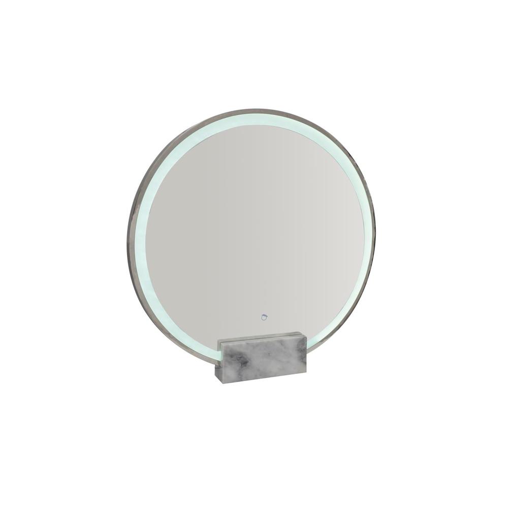 Jocelyn Round Table Top LED Vanity Mirror White Marble Base Chrome Frame. Picture 1