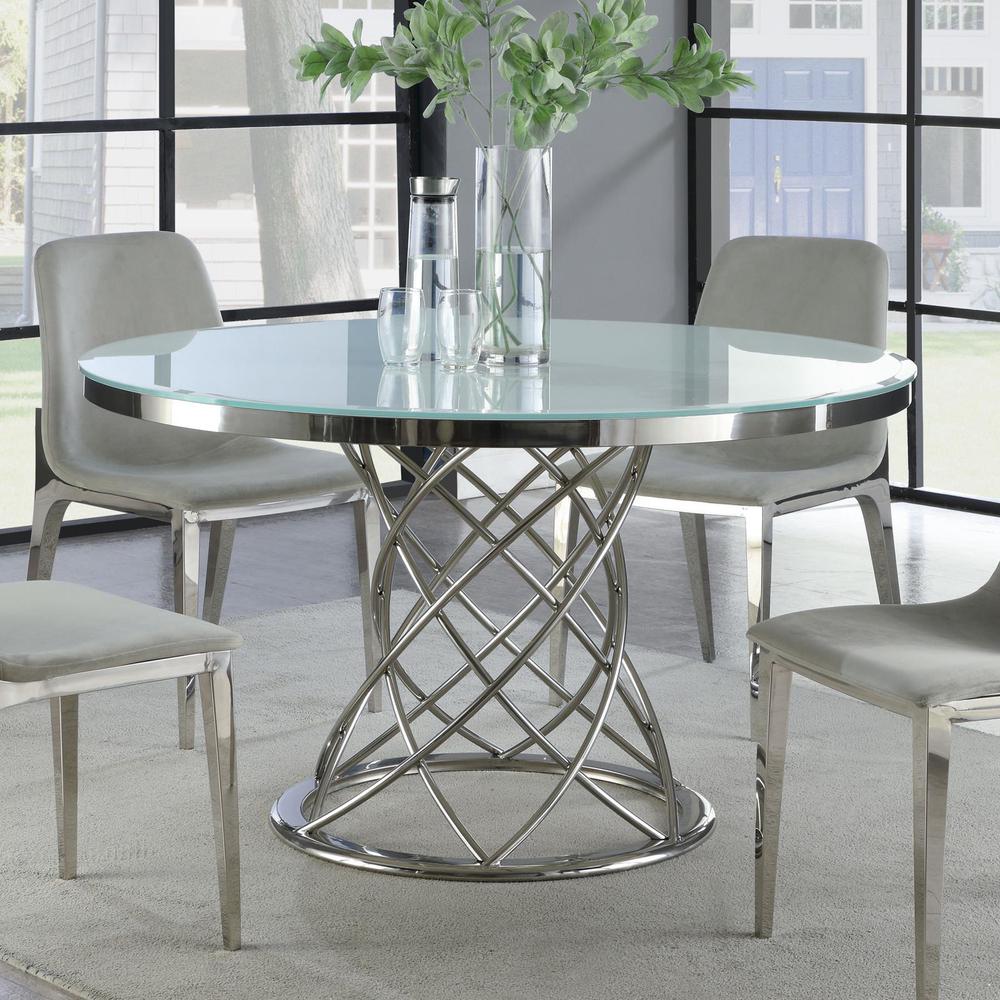 Irene Round Glass Top Dining Table White and Chrome. Picture 2